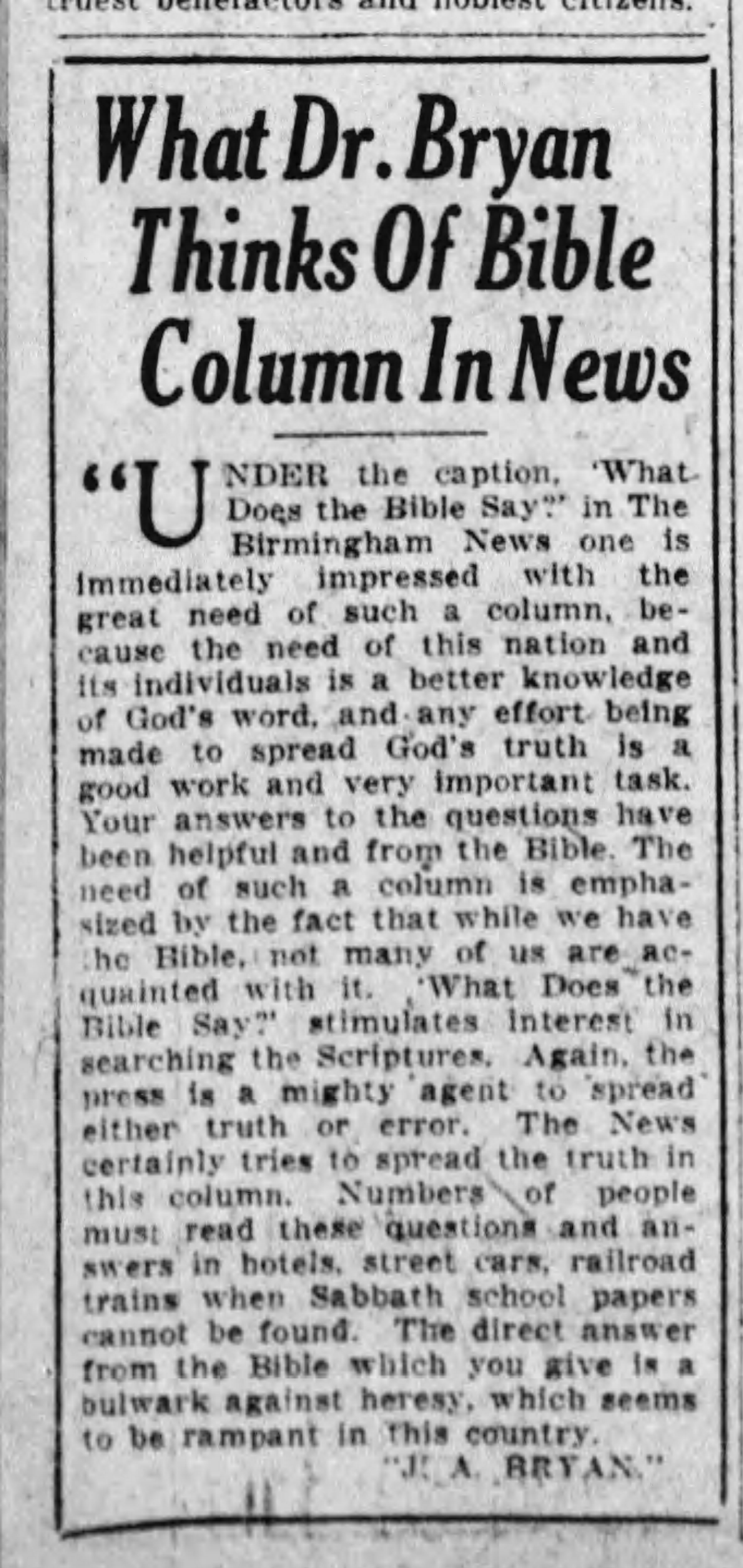 What Dr. Bryan Thinks of Bible Column in News